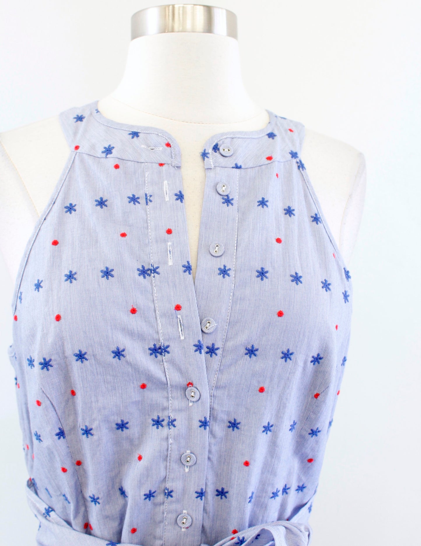 NWT $238 Parker Blue Embroidered Tie Waist A Line Dress Size L Star Sleeveless