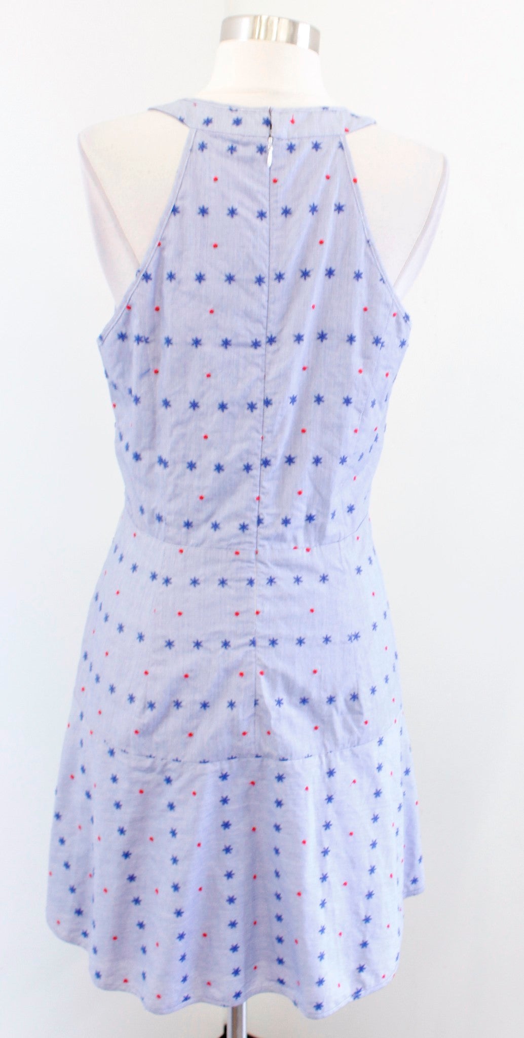 NWT $238 Parker Blue Embroidered Tie Waist A Line Dress Size L Star Sleeveless