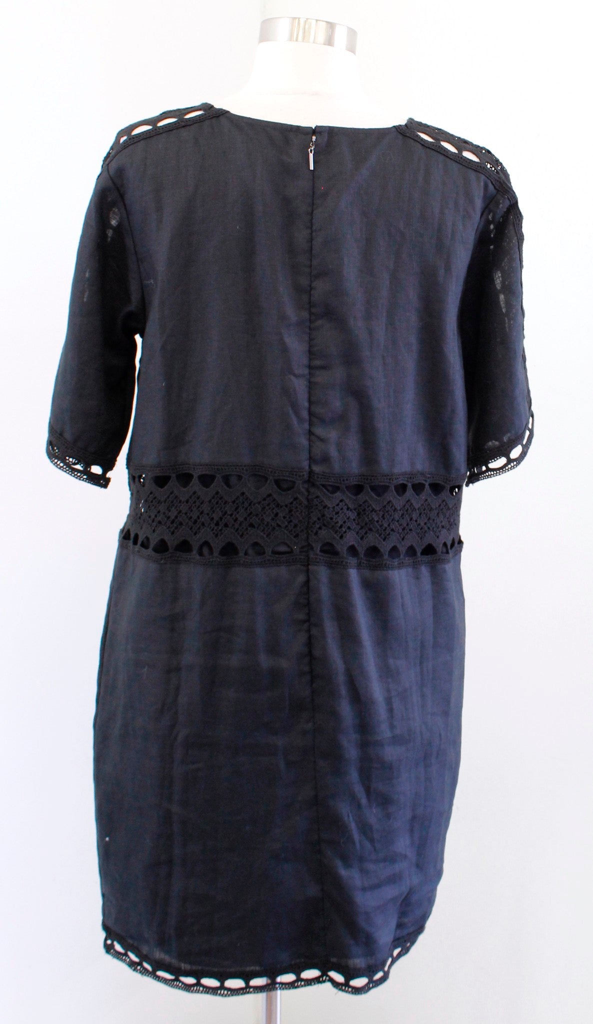 NWT Ann Taylor Womens Black Linen Crochet Trim Shift Dress Size M Casual