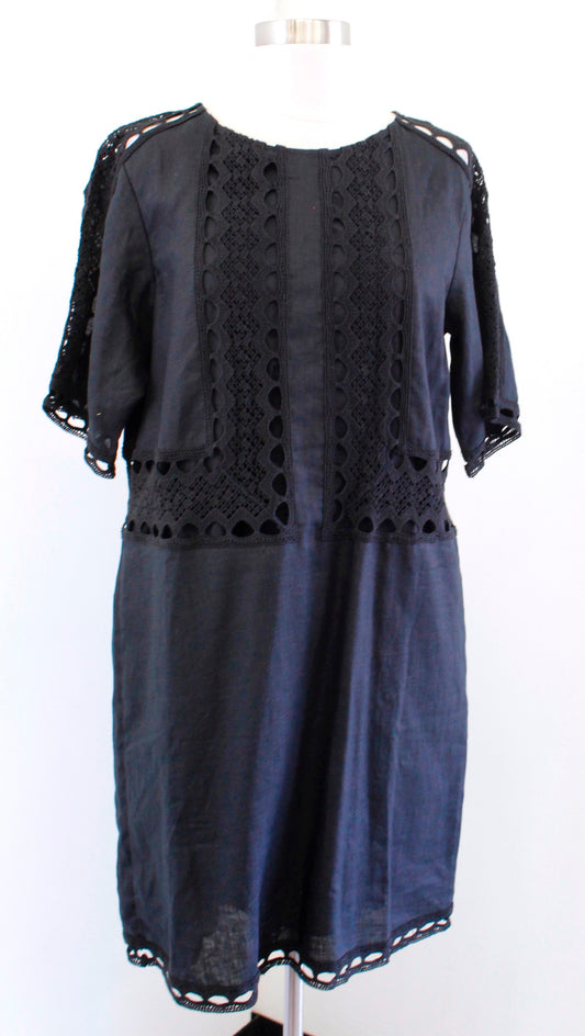 NWT Ann Taylor Womens Black Linen Crochet Trim Shift Dress Size M Casual