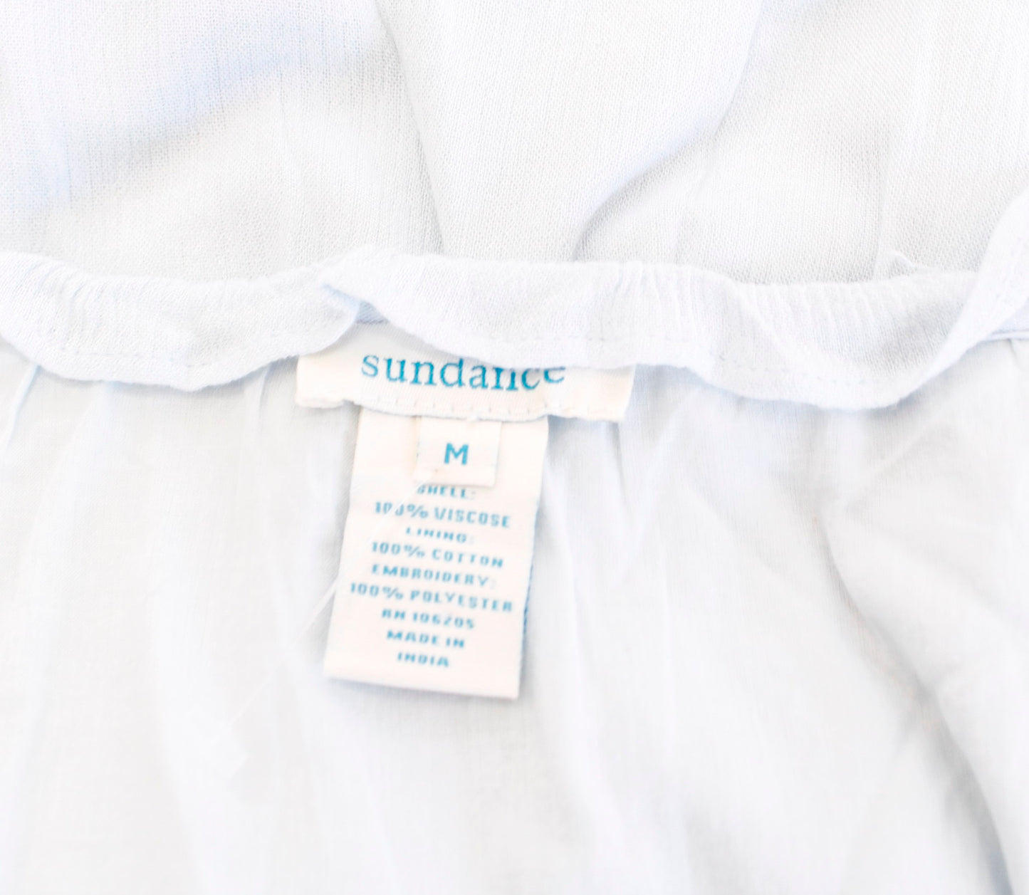 Sundance Catalog Light Blue Geometric Embroidered Tassel Peasant Top Blouse Sz M