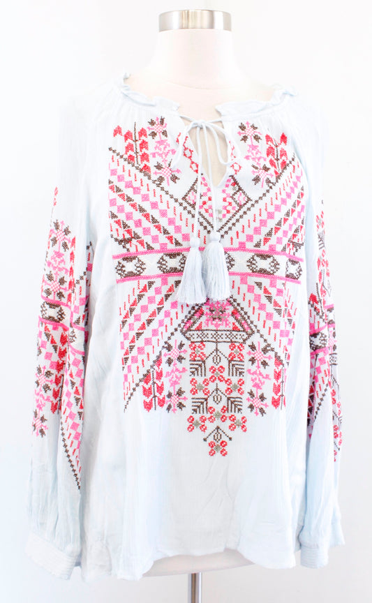 Sundance Catalog Light Blue Geometric Embroidered Tassel Peasant Top Blouse Sz M