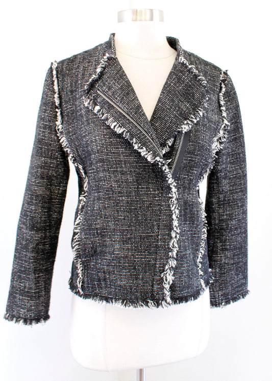 Ann Taylor Gray White Tweed Fringe Trim Asymmetric Zip Moto Blazer Jacket Size S