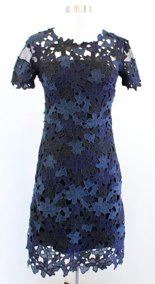 NWT $468 Elie Tahari Ophelia Black Blue Floral Crochet Lace Sheath Dress Size 0