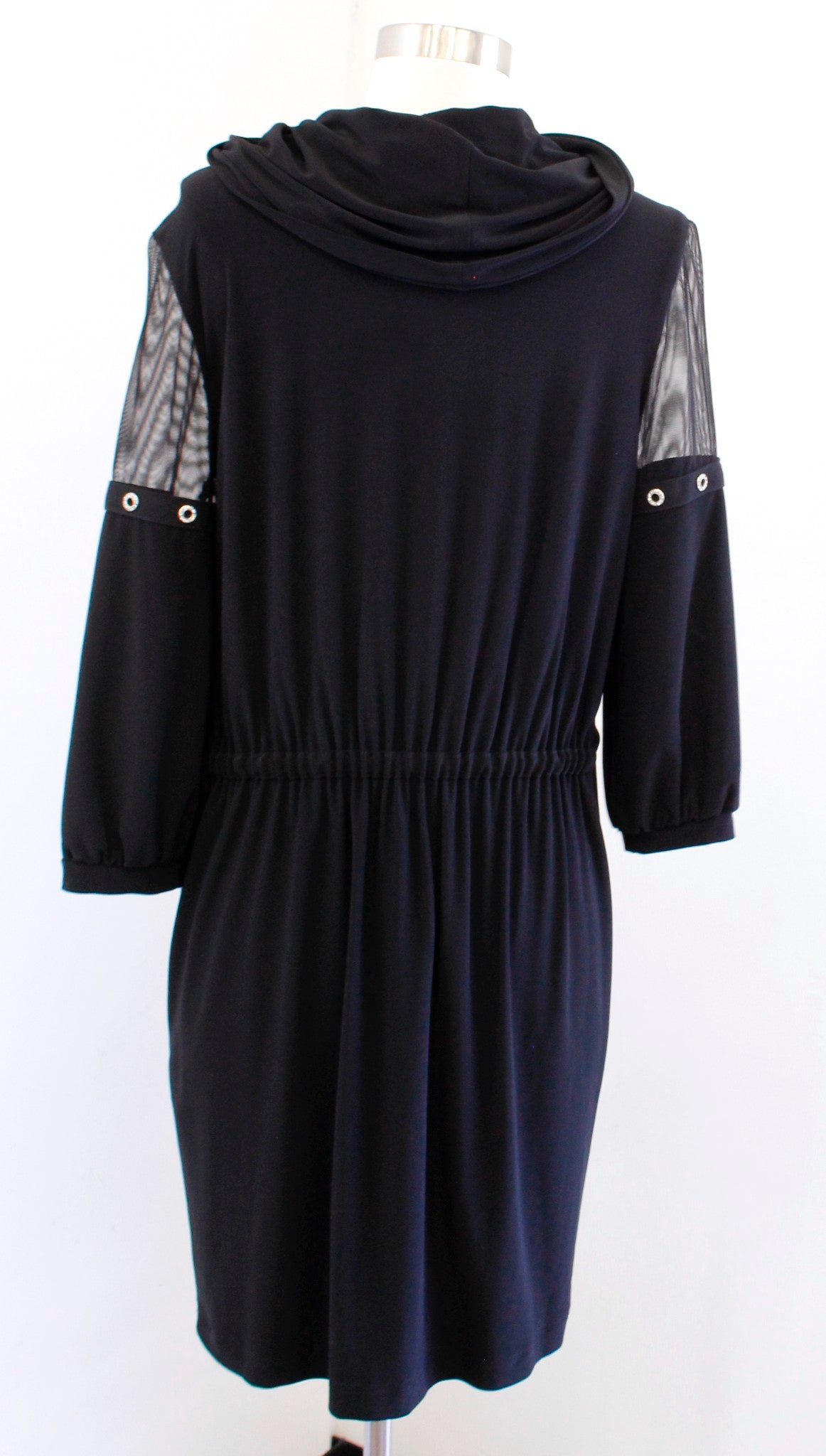 Joseph Ribkoff Black Drawstring Waist Mesh Sleeve Cowl Neck Shift Dress Size 6