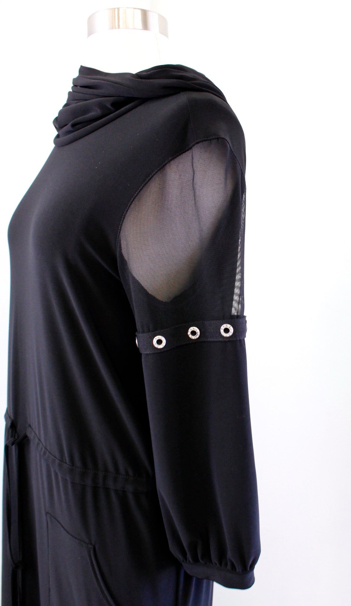 Joseph Ribkoff Black Drawstring Waist Mesh Sleeve Cowl Neck Shift Dress Size 6
