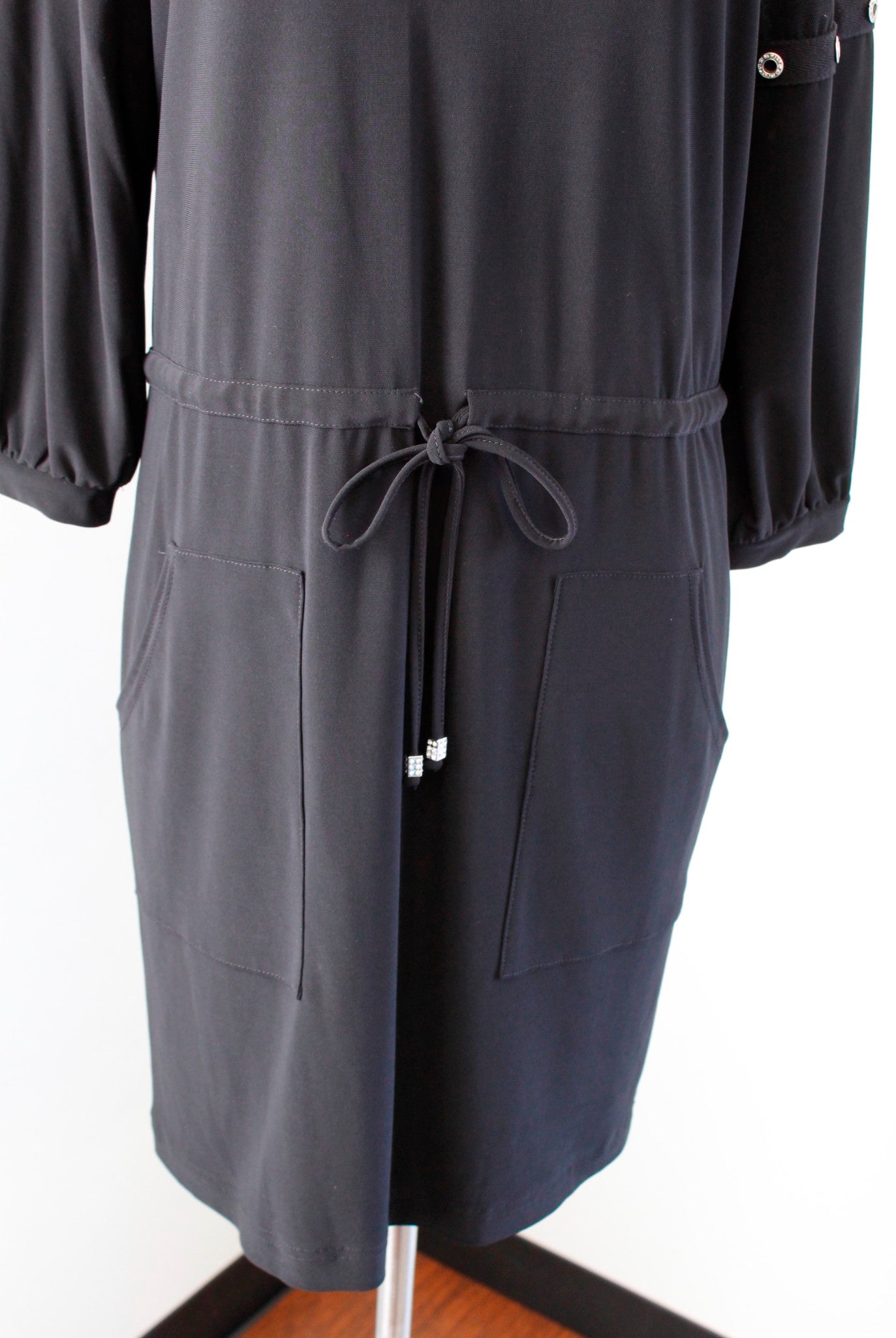 Joseph Ribkoff Black Drawstring Waist Mesh Sleeve Cowl Neck Shift Dress Size 6
