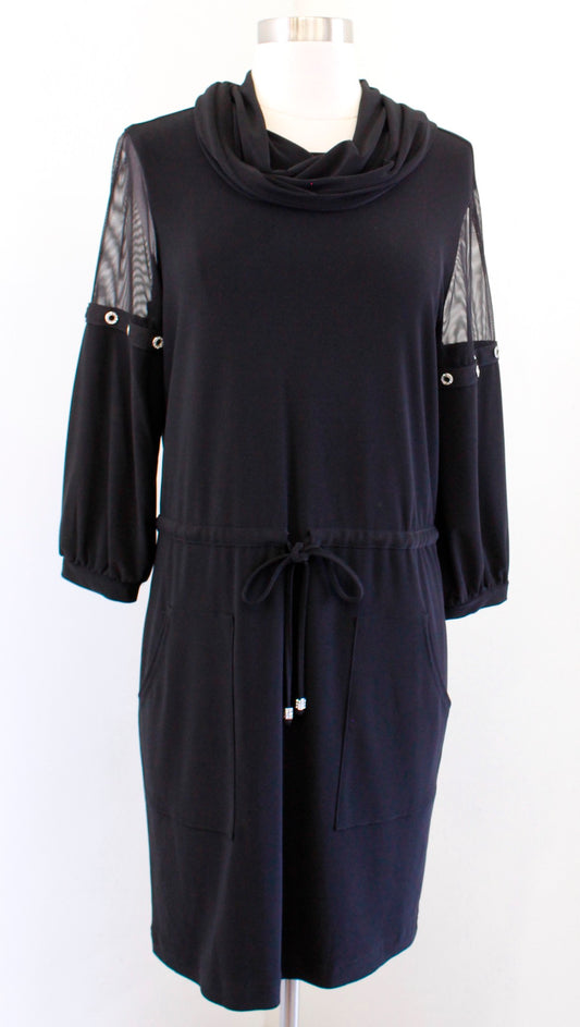 Joseph Ribkoff Black Drawstring Waist Mesh Sleeve Cowl Neck Shift Dress Size 6