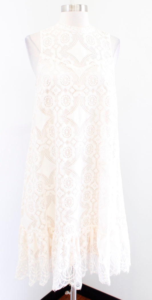 Floreat Anthropologie Manon Ivory Lace Flounce Hem Shift Dress Size 2 Sleeveless