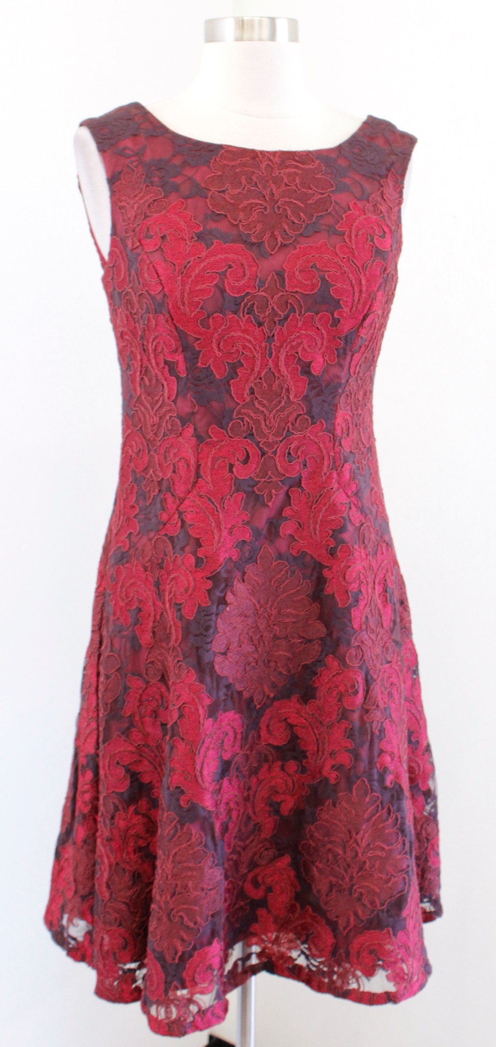 Aidan Mattox Red Maroon Multi Damask Lace A Line Cocktail Party Dress Size 6