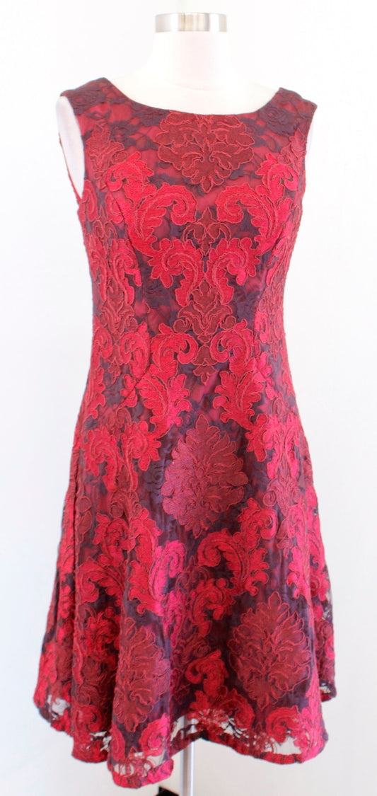 Aidan Mattox Red Maroon Multi Damask Lace A Line Cocktail Party Dress Size 6