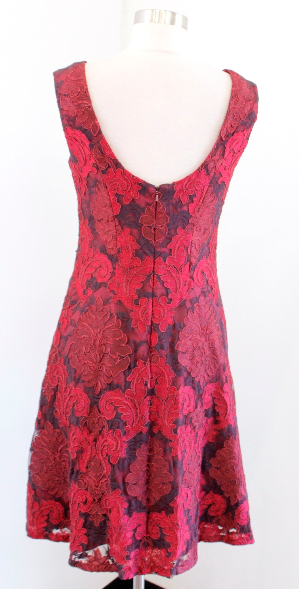 Aidan Mattox Red Maroon Multi Damask Lace A Line Cocktail Party Dress Size 6