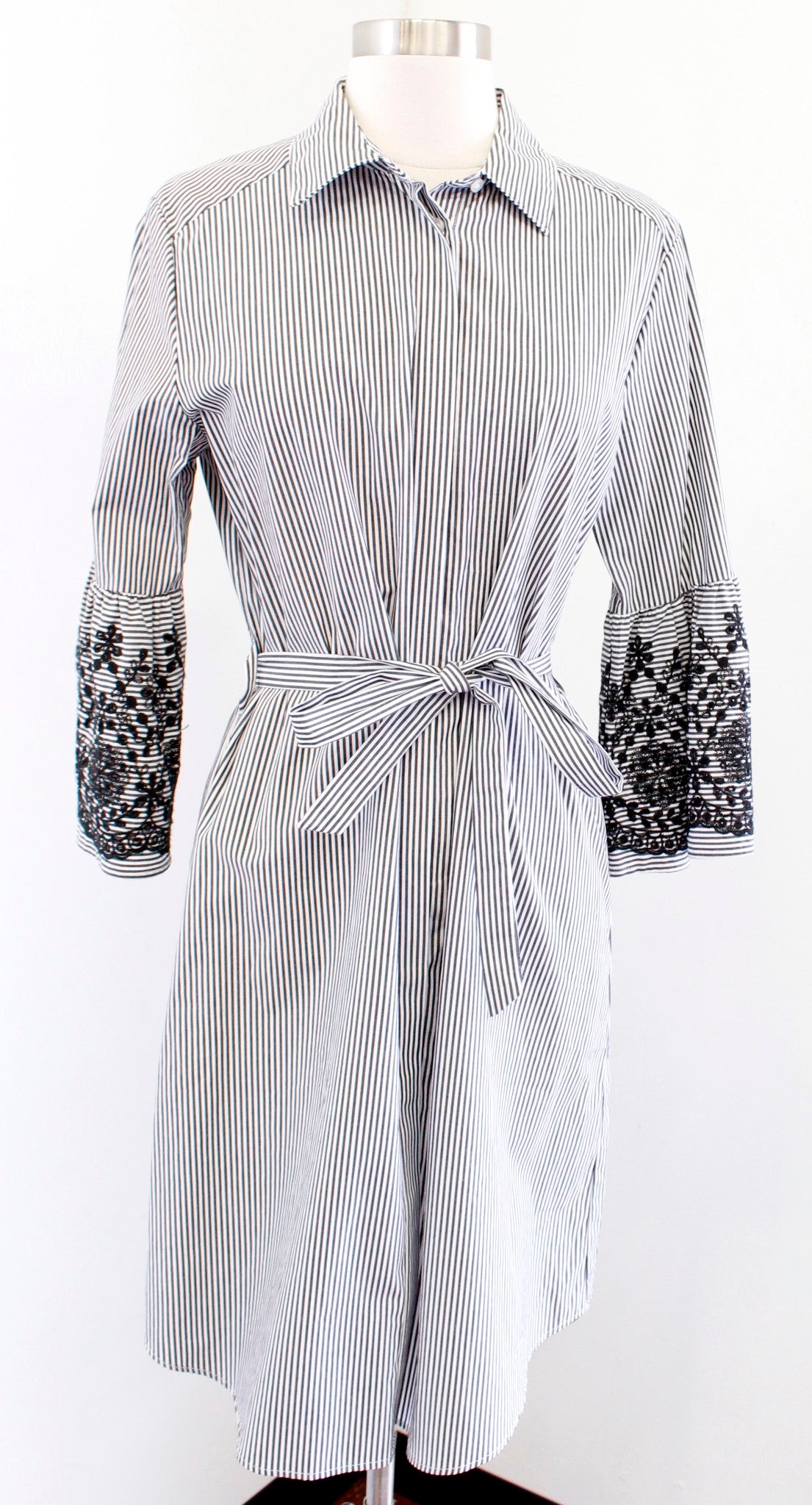 Calvin Klein Gray Striped Floral Embroidered Bell Sleeve Shirt Dress Tie Size 4