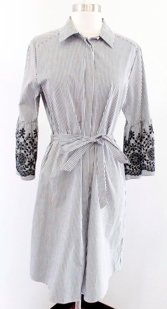 Calvin Klein Gray Striped Floral Embroidered Bell Sleeve Shirt Dress Tie Size 4