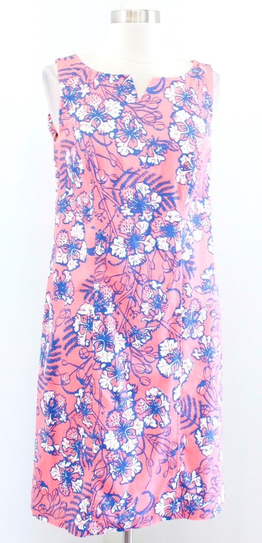 Talbots Coral Pink Blue Hibiscus Tropical Floral Print Shift Dress Size 2 Casual