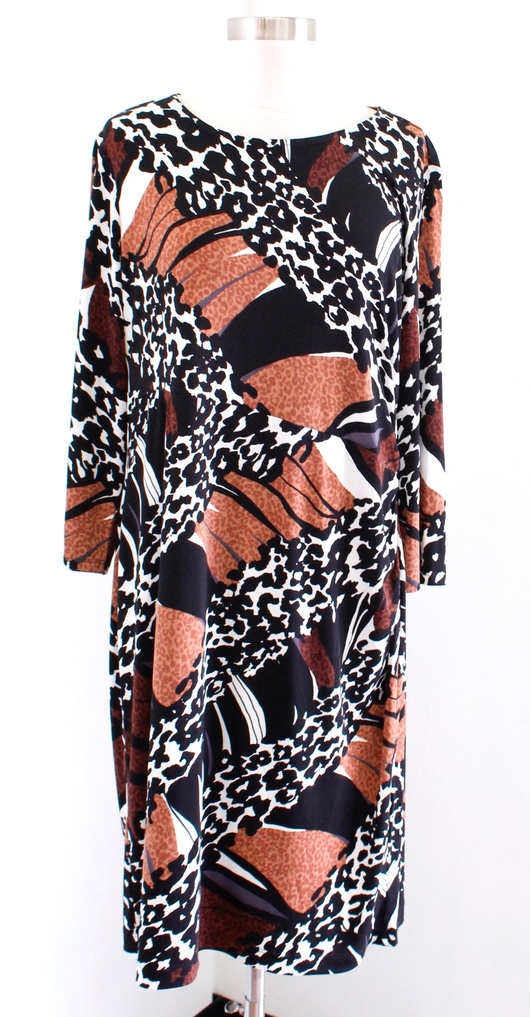 Chicos Brown Black Mixed Animal Print Jersey Knit Shift Dress Size 2 Leopard