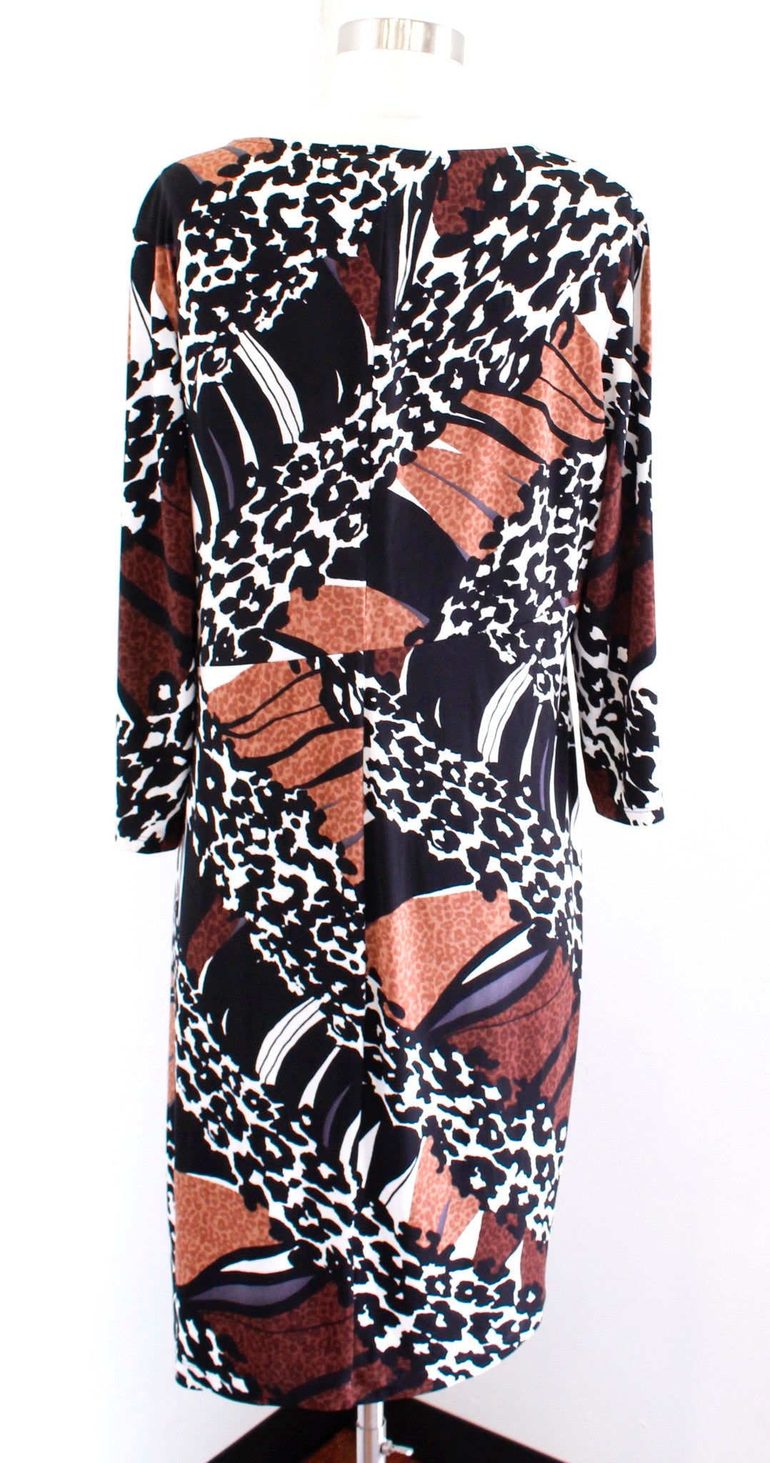 Chicos Brown Black Mixed Animal Print Jersey Knit Shift Dress Size 2 Leopard