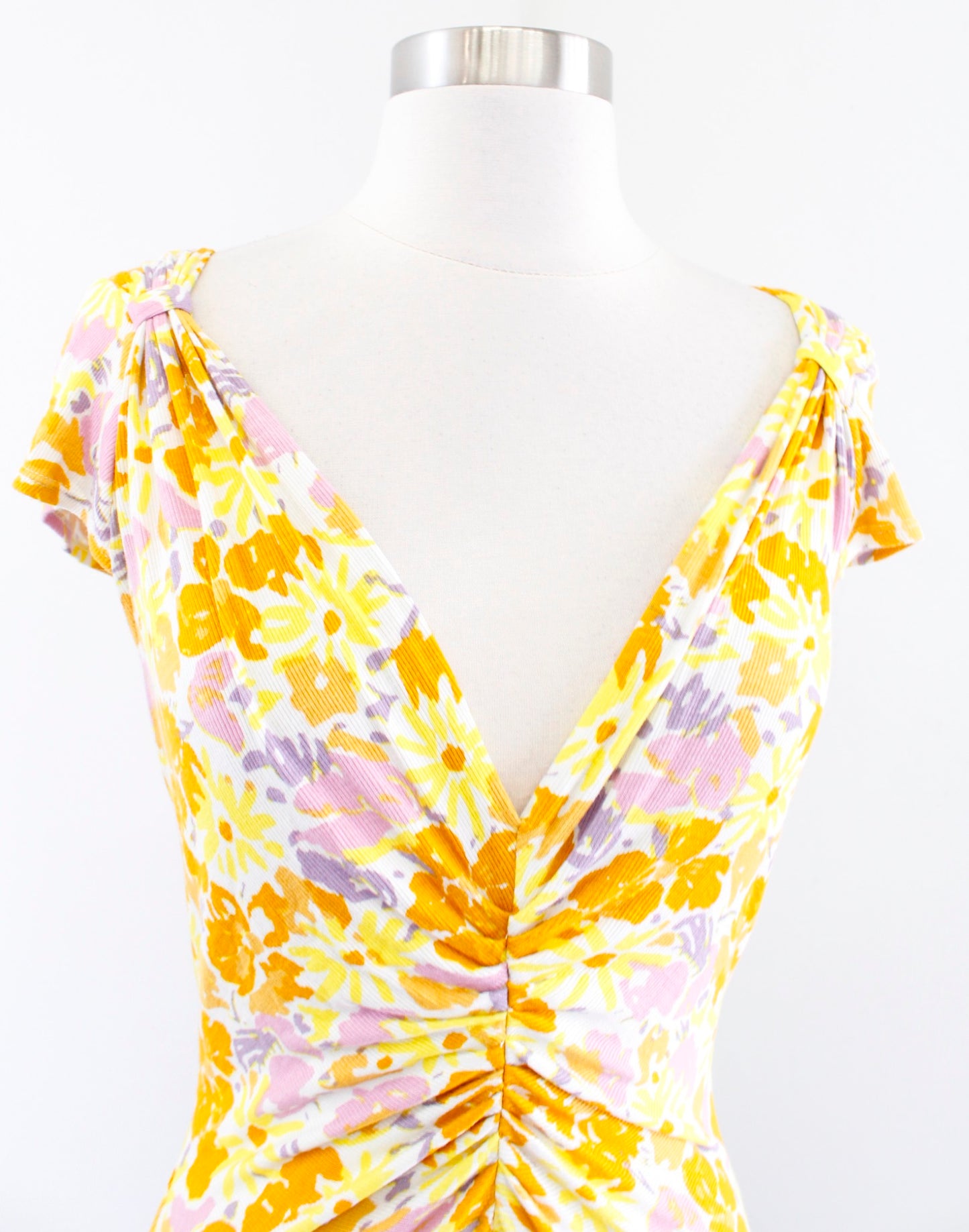 Free People Key to Your Heart Floral Ruched Knit Mini Dress Size S Yellow