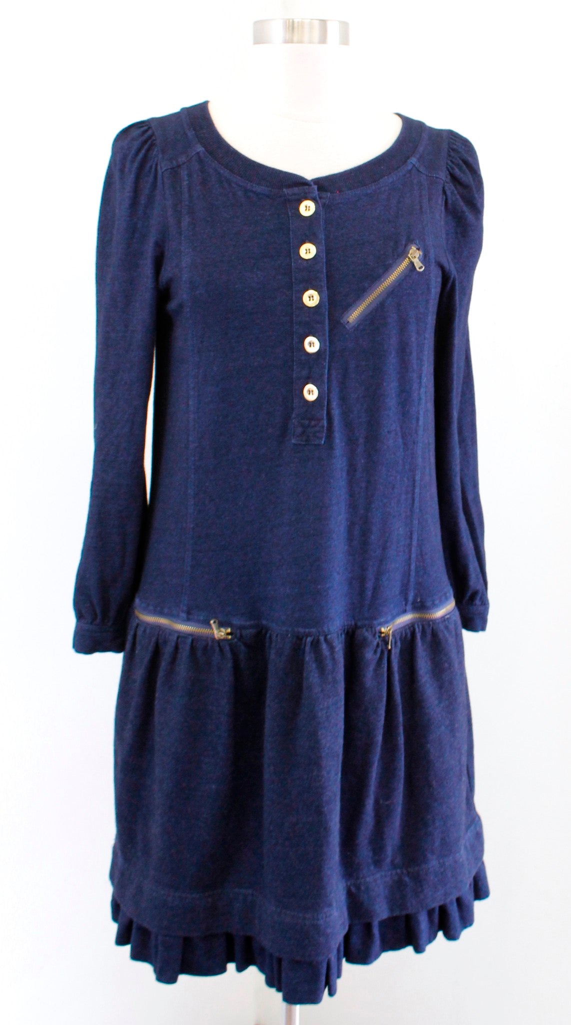 Marc by Marc Jacobs Denim Blue Color Knit Ruffle Trim Shift Dress Size S Zipper