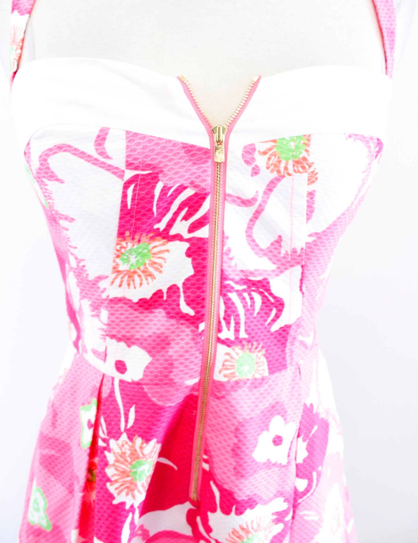 Lilly Pulitzer Marisa Hotty Pink Cherry Begonias Floral Halter Fit Flare Dress 0