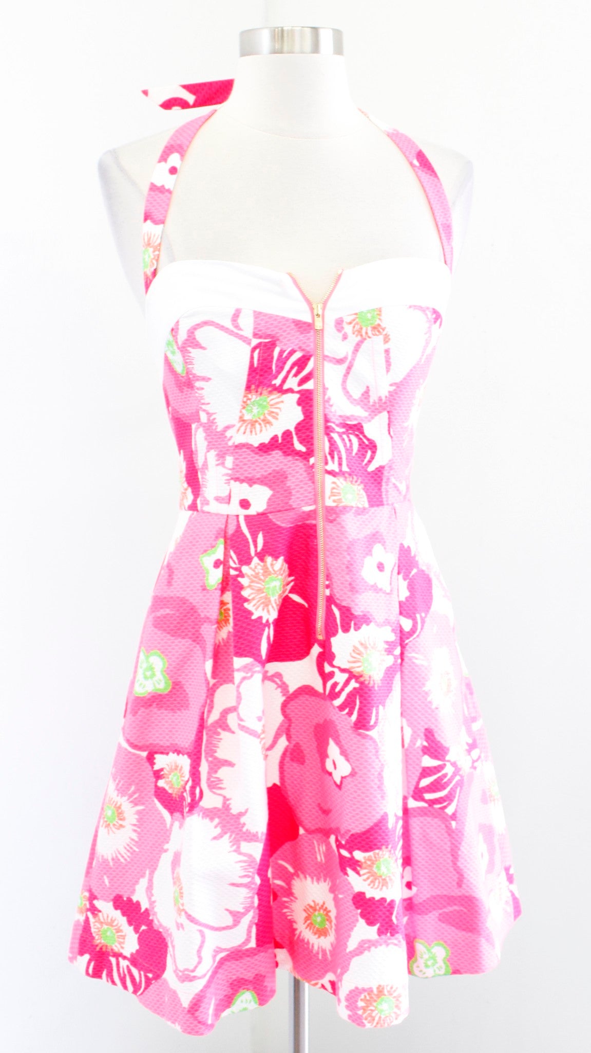 Lilly Pulitzer Marisa Hotty Pink Cherry Begonias Floral Halter Fit Flare Dress 0