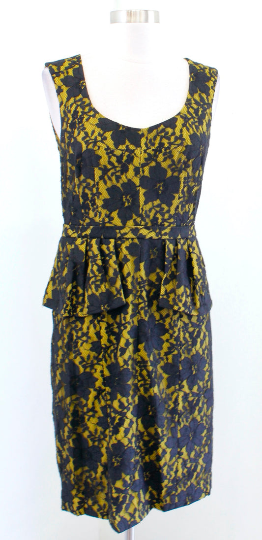 BCBG Max Azria Etna Peridot Green / Yellow Black Lace Peplum Dress Cocktail Sz 8