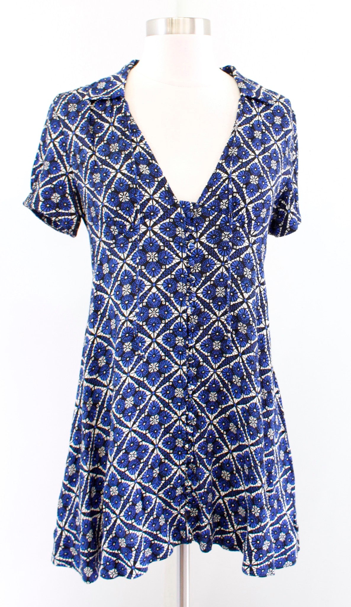 Free People Melody Blue Black Mosaic Geometric Mini Dress Size 2 V Neck