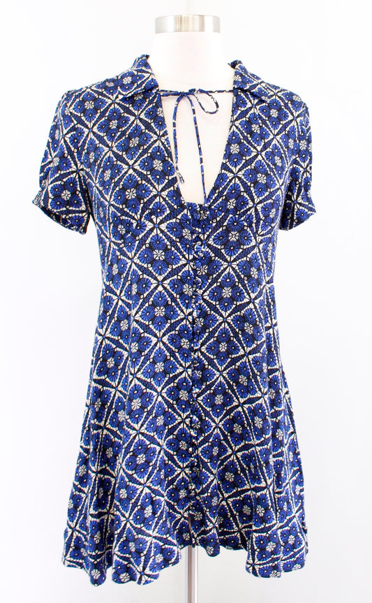 Free People Melody Blue Black Mosaic Geometric Mini Dress Size 2 V Neck