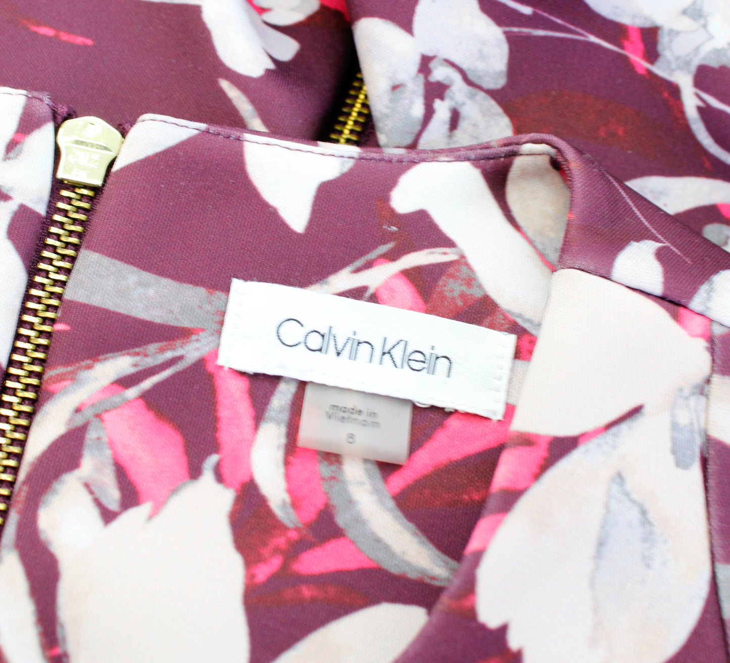 Calvin Klein Burgundy Plum Floral Print Scuba Sheath Dress Size 8 Career Office