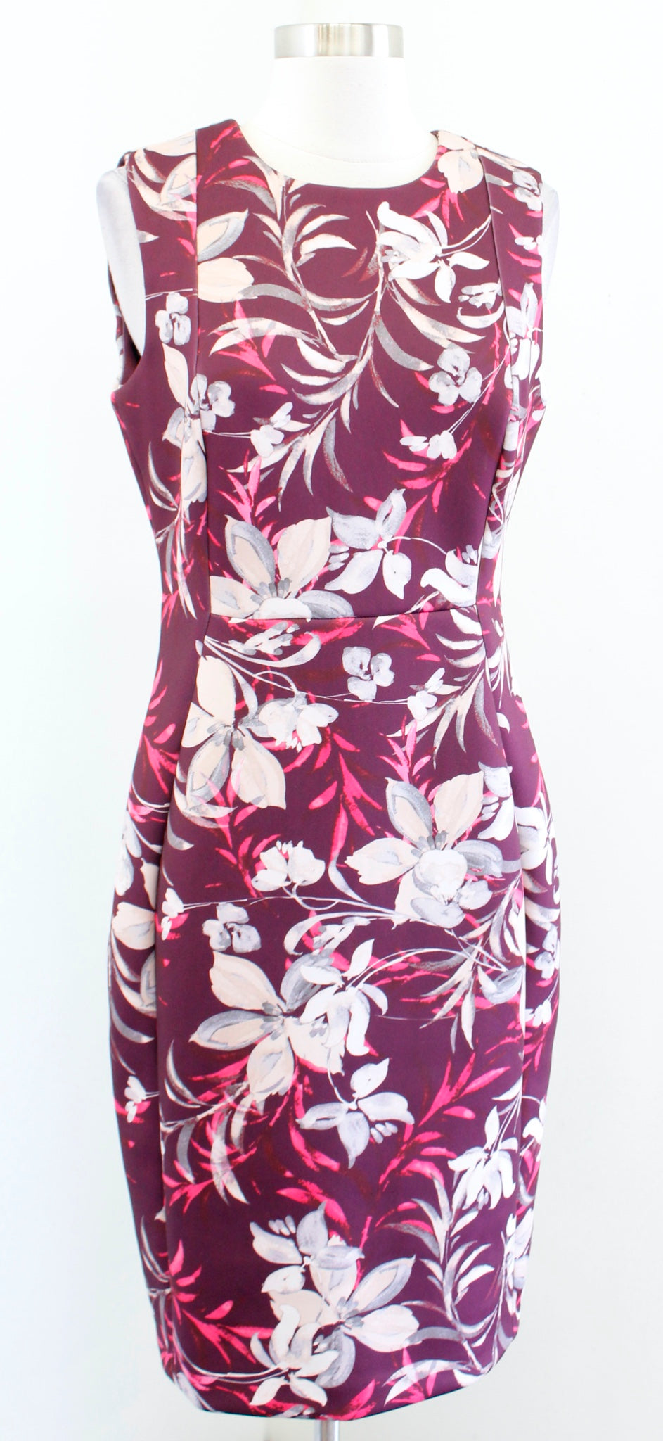 Calvin Klein Burgundy Plum Floral Print Scuba Sheath Dress Size 8 Career Office