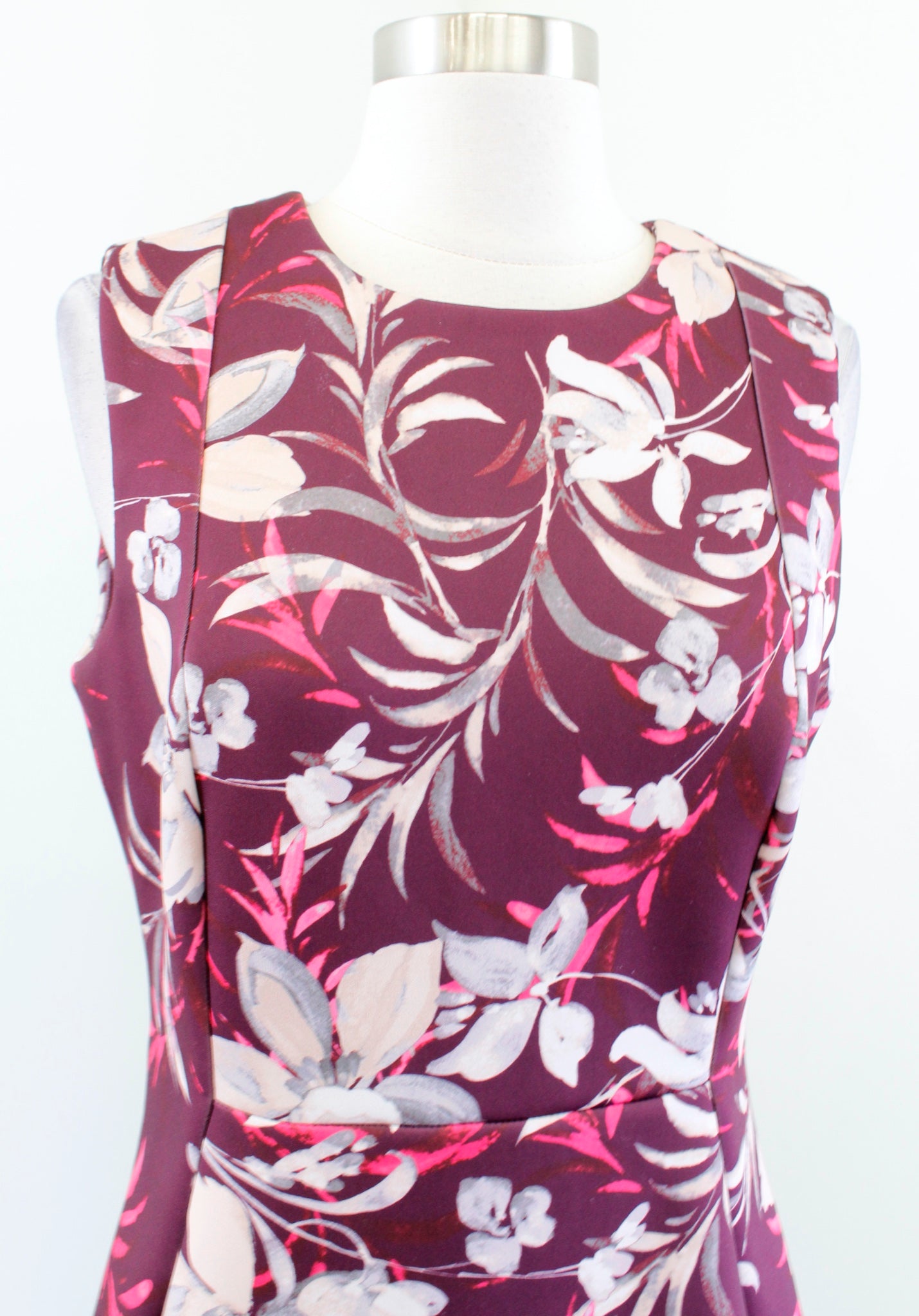 Calvin Klein Burgundy Plum Floral Print Scuba Sheath Dress Size 8 Career Office