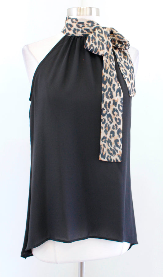 NWT White House Black Market Black Leopard Halter Tie Neck Hi Lo Top Blouse XS