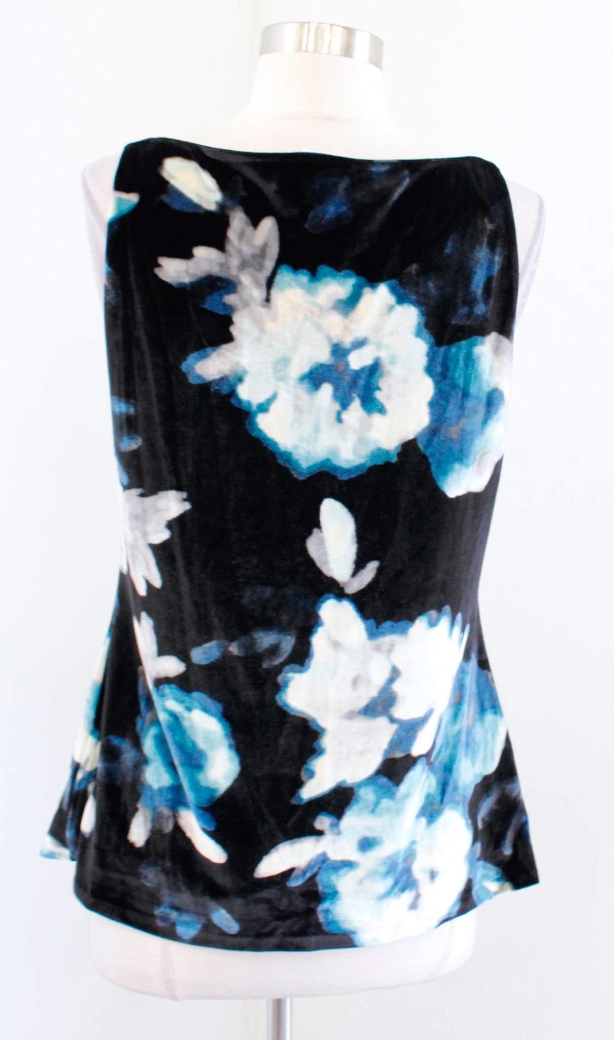 NWT White House Black Market Blue Floral Draped Neck Velvet Tank Top Blouse Sz M