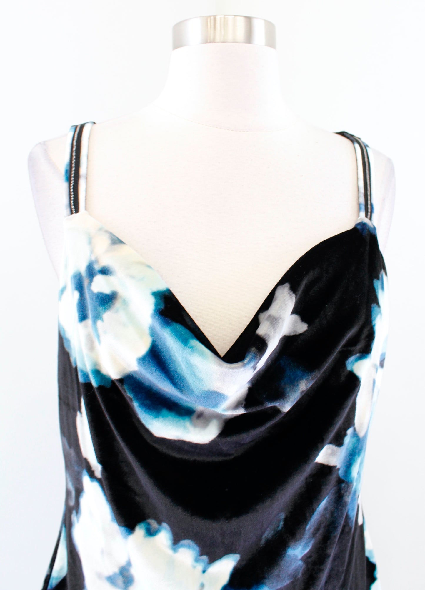 NWT White House Black Market Blue Floral Draped Neck Velvet Tank Top Blouse Sz M