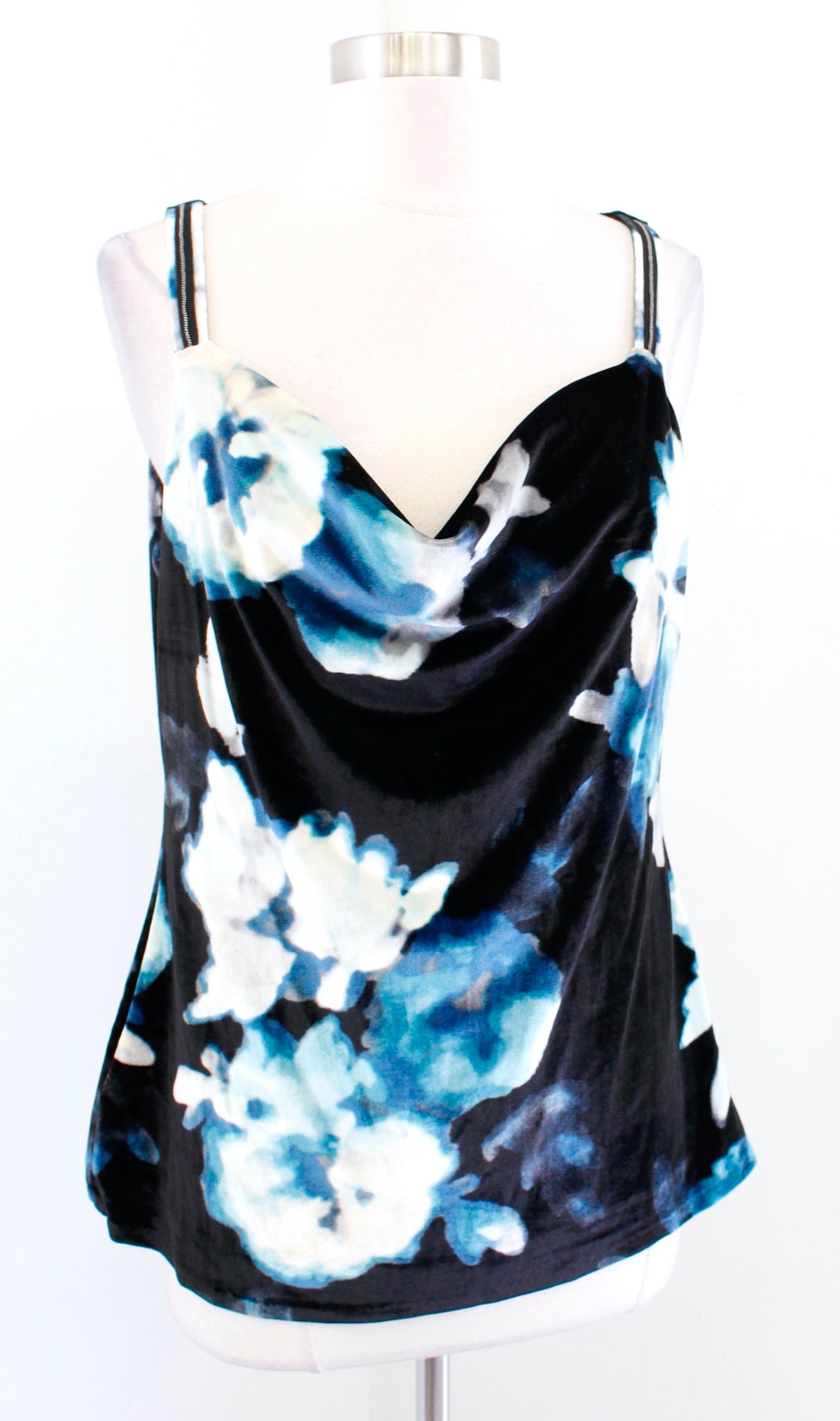 NWT White House Black Market Blue Floral Draped Neck Velvet Tank Top Blouse Sz M