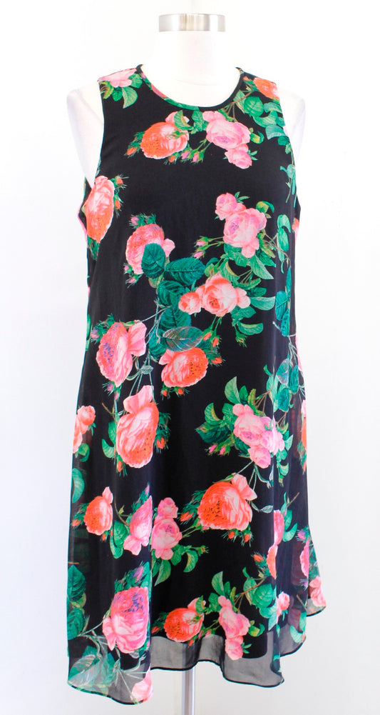 Calvin Klein Black Multi Color Floral Print Sleeveless Shift Swing Dress Size 8