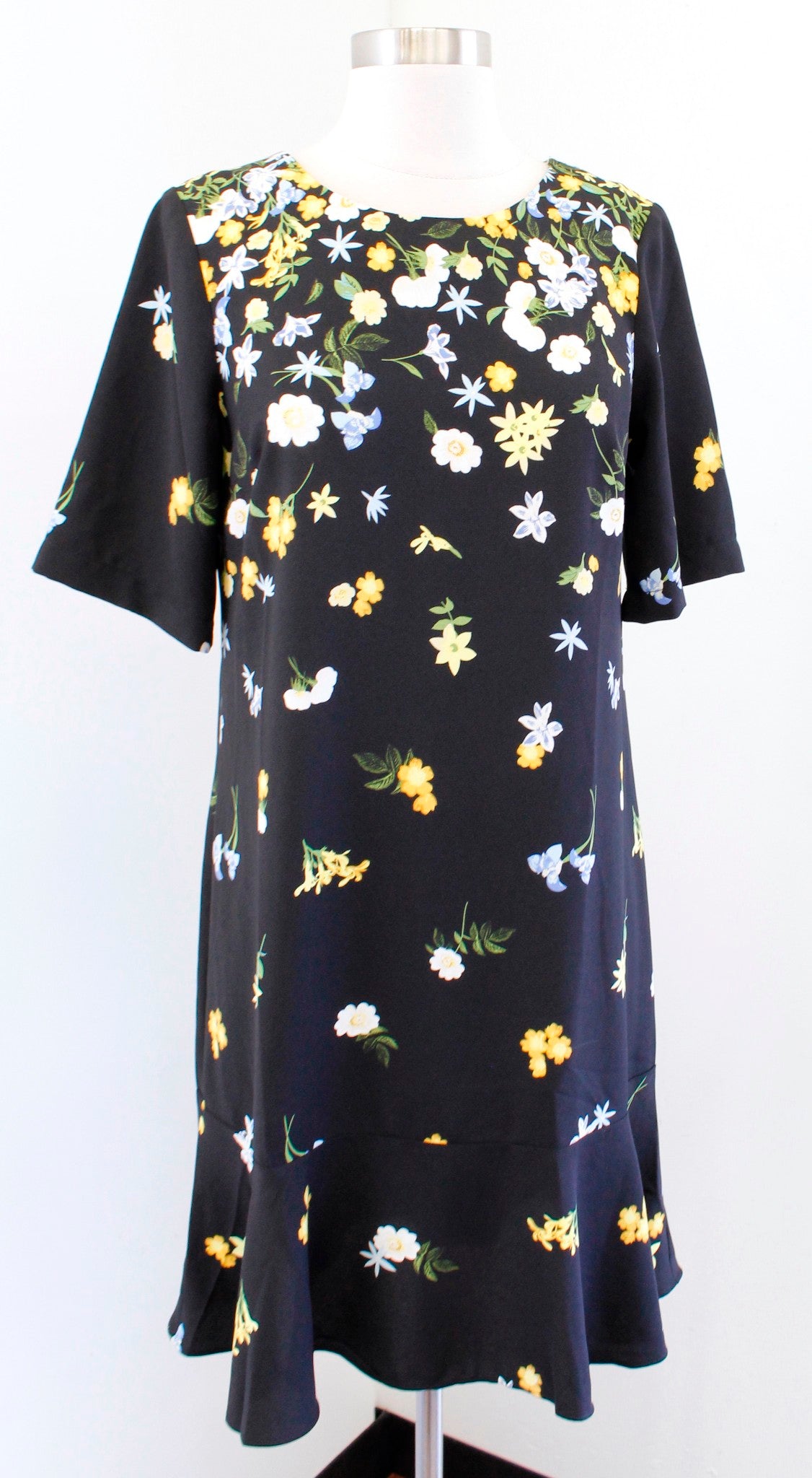 NWT Ann Taylor Factory Black Yellow Floral Print Flounce Hem Shift Dress Size XS