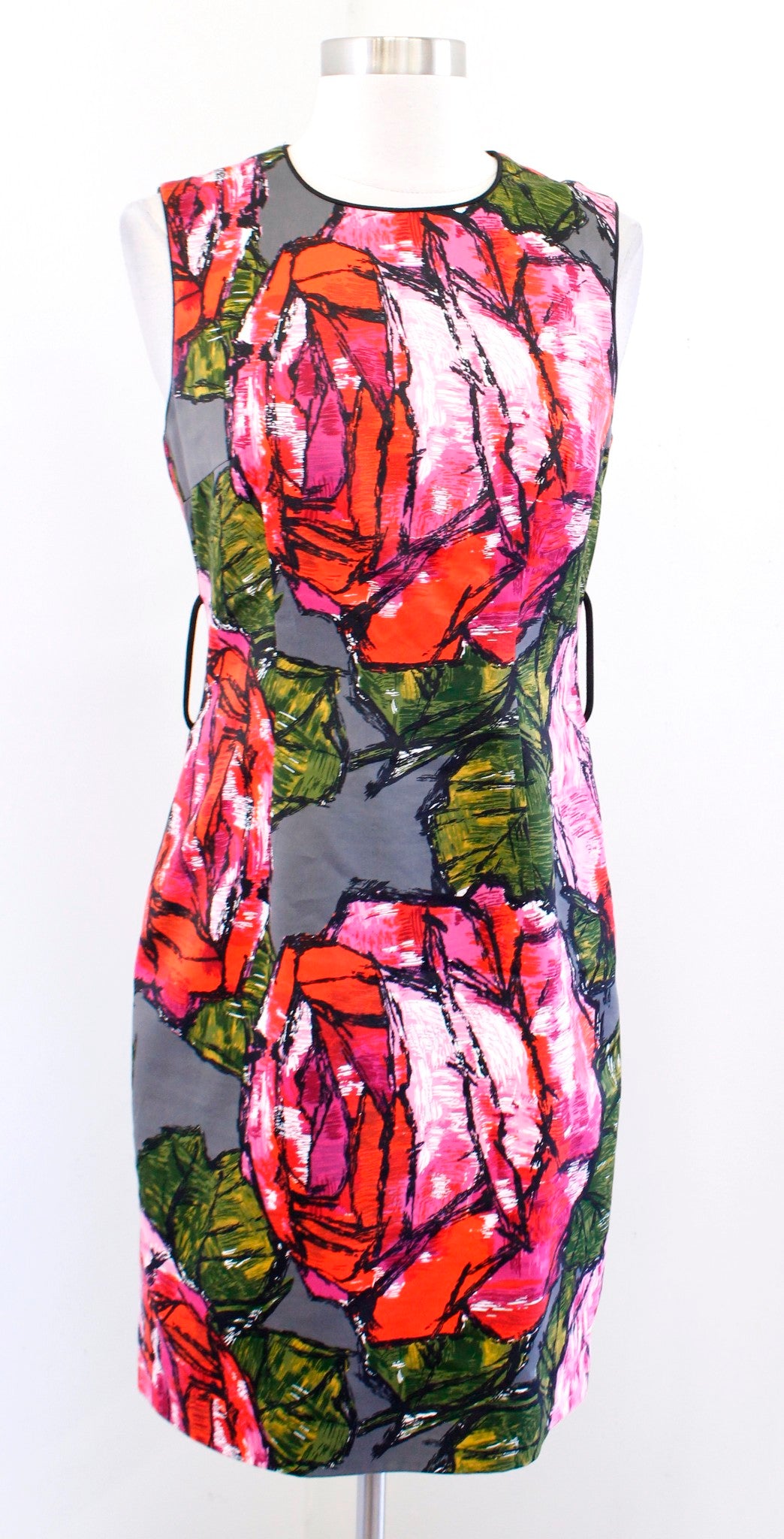 Trina Turk Mirren Rose Floral Print Chunky Belted Sheath Dress Size 2 Silk Gray