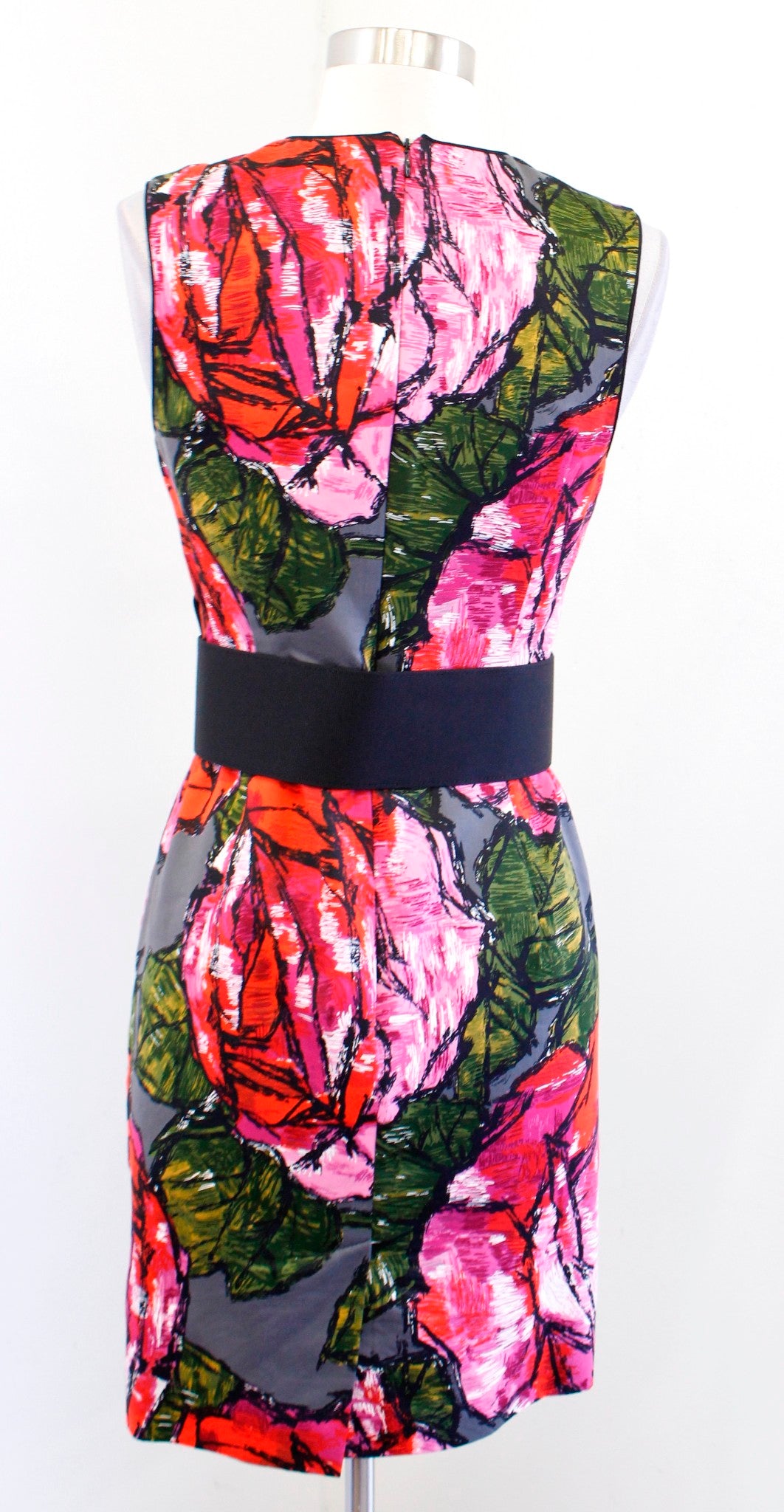 Trina Turk Mirren Rose Floral Print Chunky Belted Sheath Dress Size 2 Silk Gray