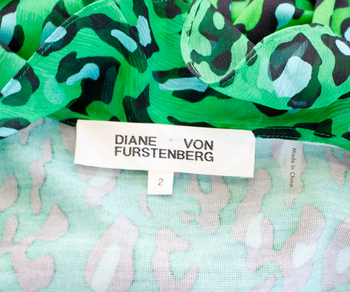 Diane Von Furstenberg Green Blue Leopard Print Ruffle Silk Wrap Dress Size 2