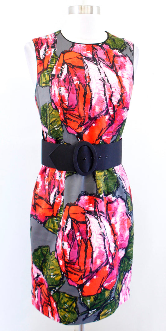 Trina Turk Mirren Rose Floral Print Chunky Belted Sheath Dress Size 2 Silk Gray