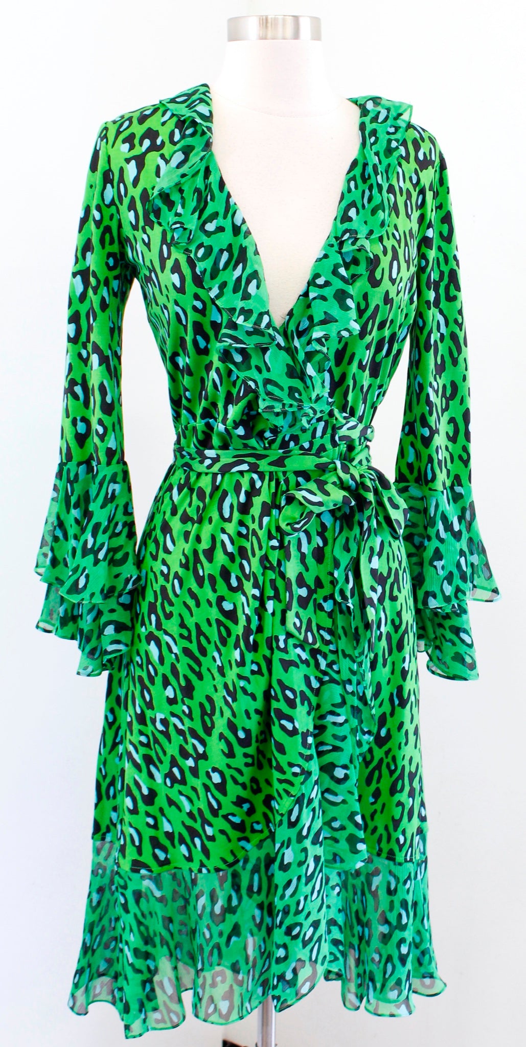 Diane Von Furstenberg Green Blue Leopard Print Ruffle Silk Wrap Dress Size 2