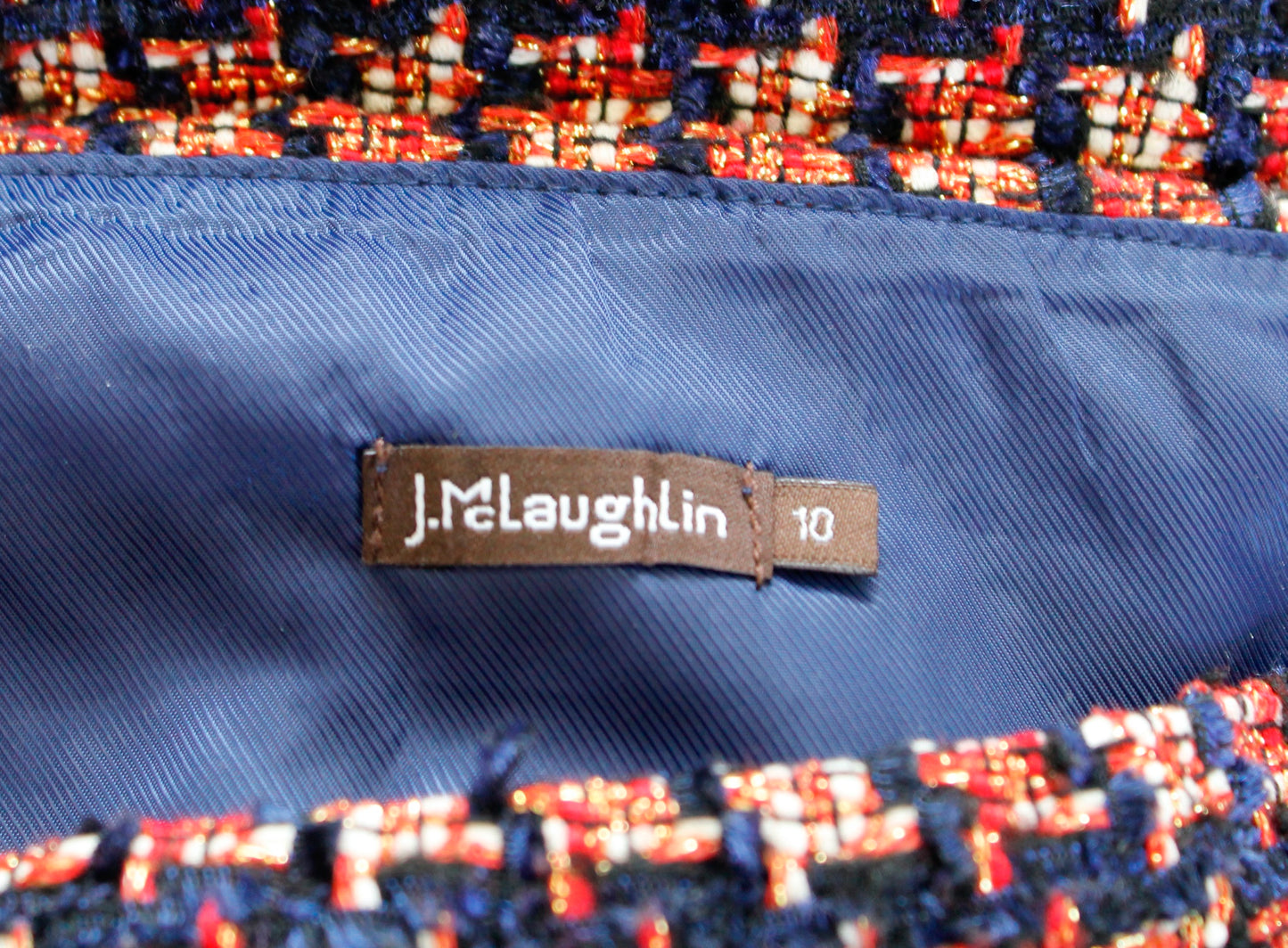 J McLaughlin Navy Blue Red Gold Metallic Houndstooth Tweed Pencil Skirt Size 10