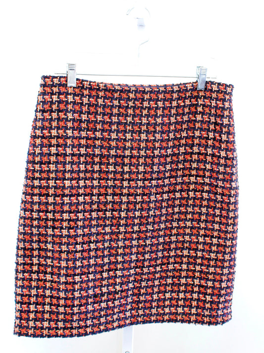 J McLaughlin Navy Blue Red Gold Metallic Houndstooth Tweed Pencil Skirt Size 10