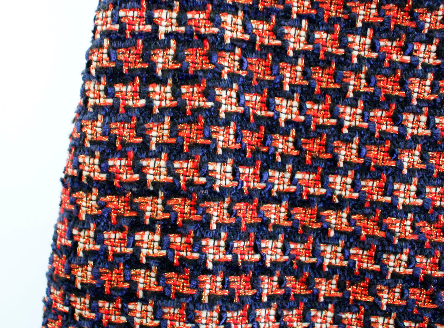 J McLaughlin Navy Blue Red Gold Metallic Houndstooth Tweed Pencil Skirt Size 10