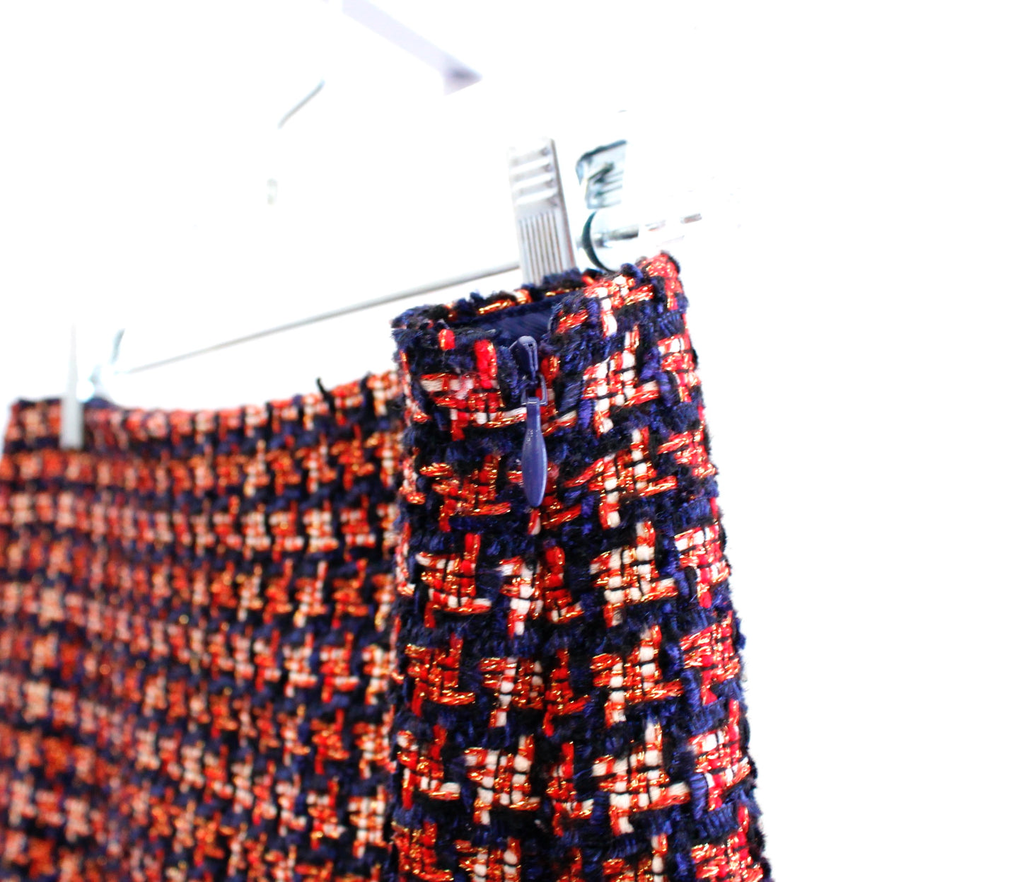 J McLaughlin Navy Blue Red Gold Metallic Houndstooth Tweed Pencil Skirt Size 10