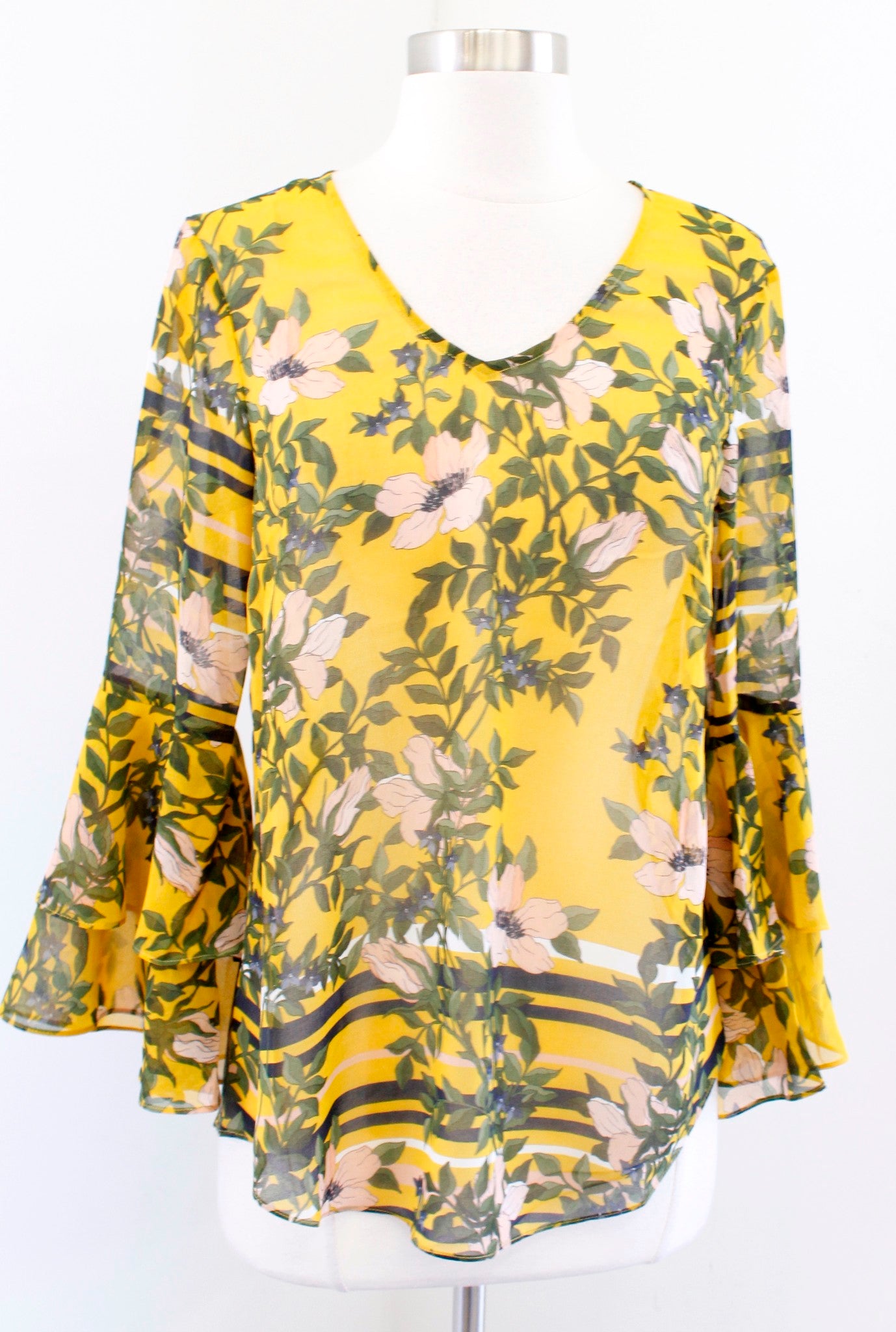 CAbi Spring Scene Yellow Semi Sheer Floral Ruffle Bell Sleeve Top Blouse Size XS