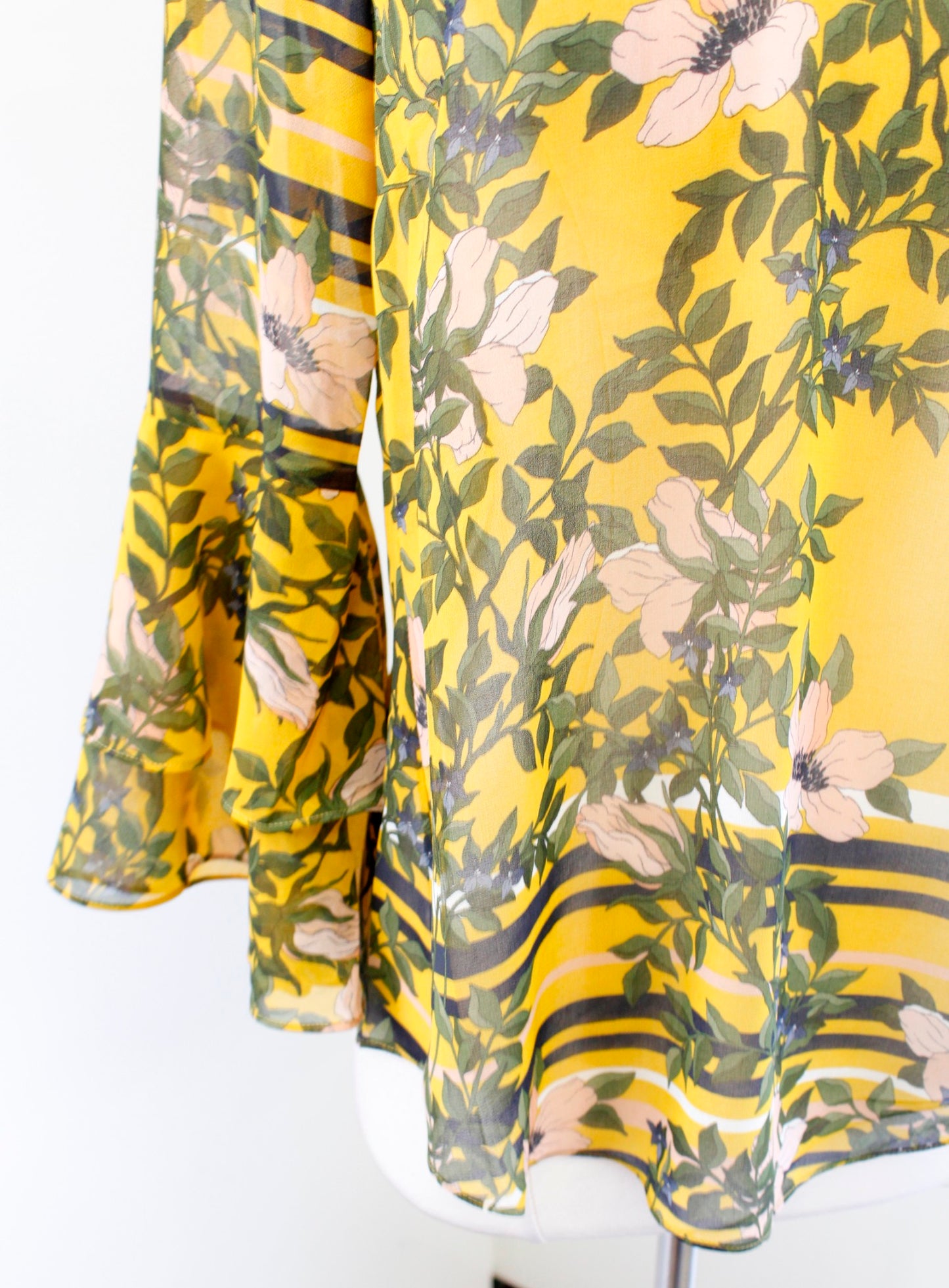 CAbi Spring Scene Yellow Semi Sheer Floral Ruffle Bell Sleeve Top Blouse Size XS