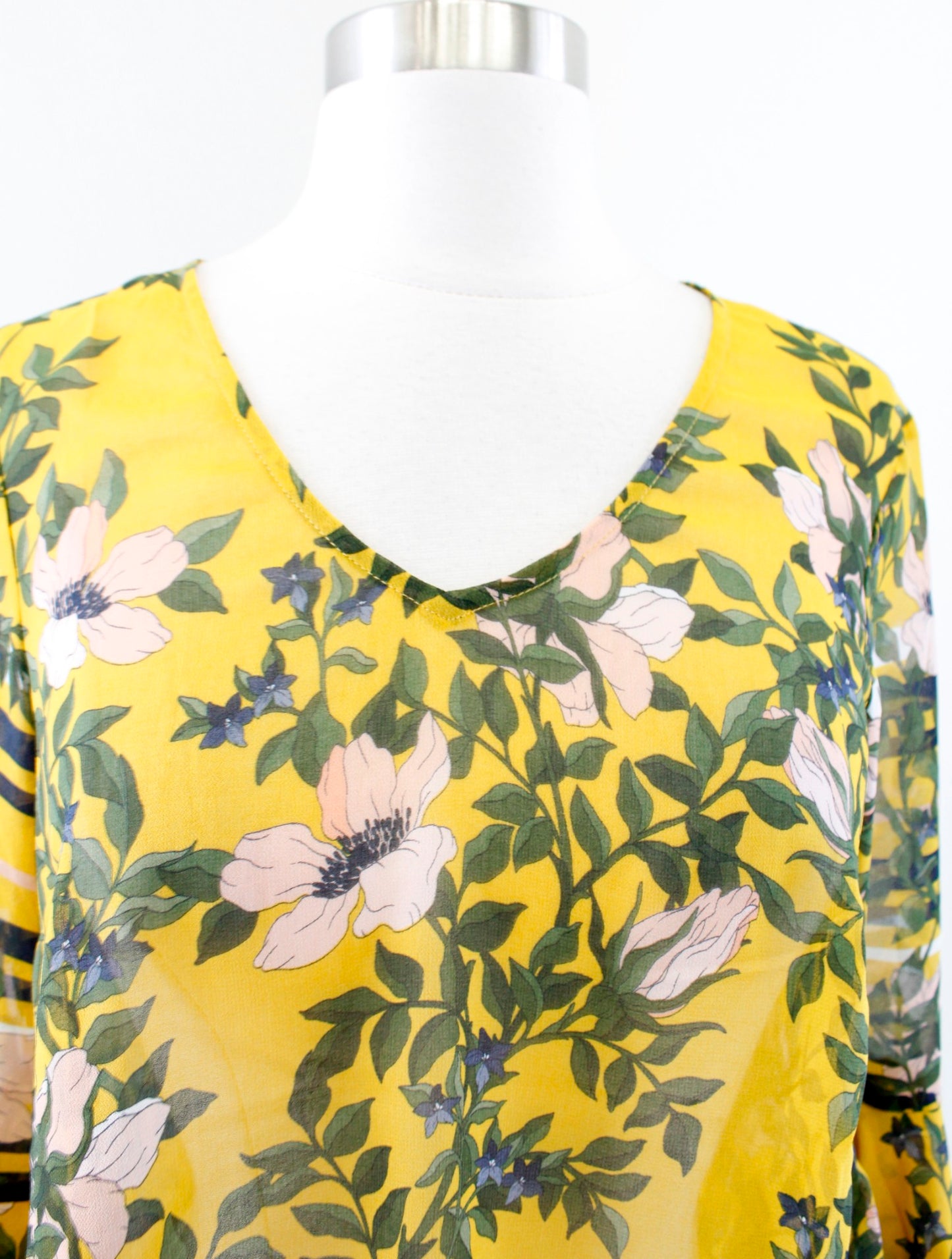 CAbi Spring Scene Yellow Semi Sheer Floral Ruffle Bell Sleeve Top Blouse Size XS