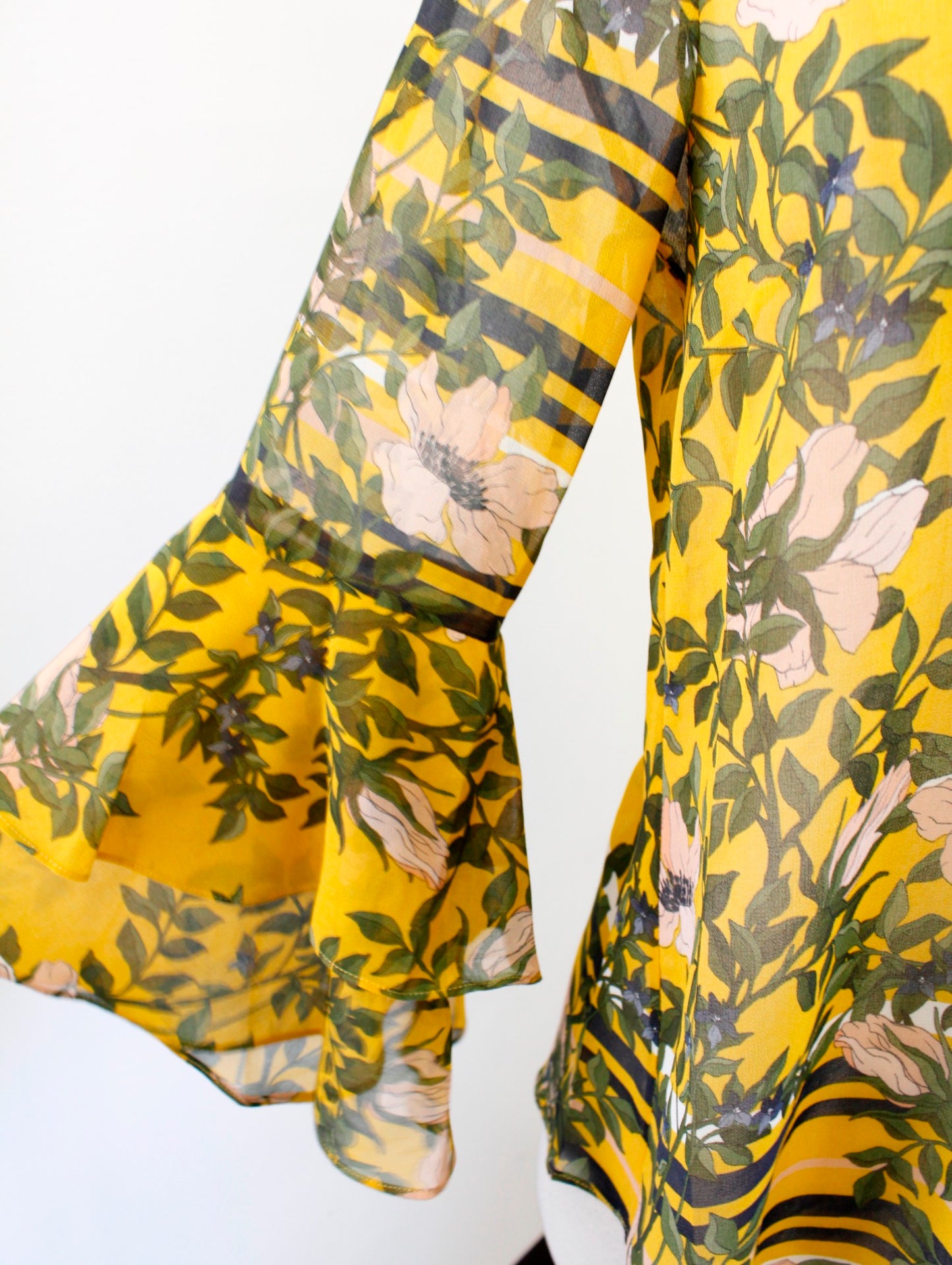 CAbi Spring Scene Yellow Semi Sheer Floral Ruffle Bell Sleeve Top Blouse Size XS